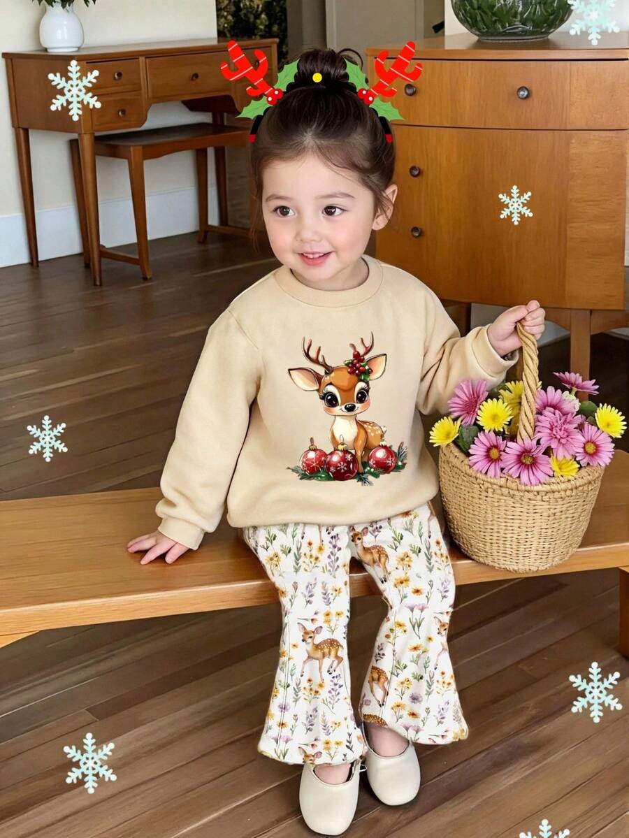 2 件套可爱甜美女婴休闲圣诞鹿卡通印花柔软针织圆领长袖运动衫和鹿喇叭裤套装,适合秋冬季 - 彩色 - 查看 1