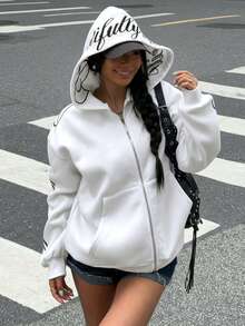SHEIN EZwear 女士白色连帽拉链长袖字母刺绣设计休闲卫衣，长袖上衣，毕业季、返校季服装，毕业季，女教师服装，秋冬返校季外套，Y2K白色女式外套，Y2K卫衣 - 白色 - 查看 6