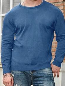 Manfinity Homme Men's Casual Solid Color Knit Sweater, Versatile For Autumn, Long Sleeve Top - Royal Blue - View 4