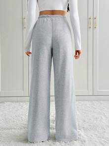 SHEIN Tall 女士休闲前系带腰部宽松运动裤，适合秋冬季日常穿着和返校穿着 - 灰色 - 查看 2