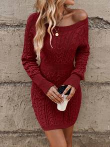 EMERY ROSE Rochie tip pulover tricotată cu împletituri, casual, culoare solidă, toamnă/iarnă - Burgundia - Vizualizare 5