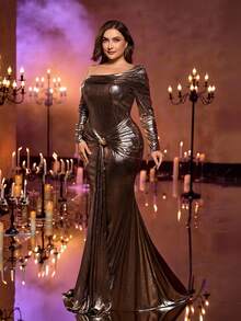 Glamrae Vestido de noche formal maxi elegante y lujoso con hombros descubiertos, volantes, asimétrico, decoración metálica 3D y cola de pez, de tela elástica dorada y estilo romántico francés, talla grande