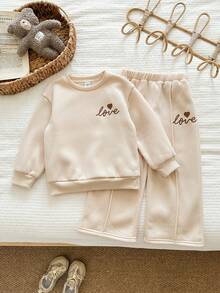 LMoss Kids LMoss 女童纯色圆领休闲卫衣裤套装，婴儿运动服，婴儿卫衣裤套装，婴儿秋冬套装，婴儿休闲套装，套头衫，舒适秋冬款式，温暖秋冬风格，冬季服装，冬季套装，长袖上衣 - 杏色 - 查看 4