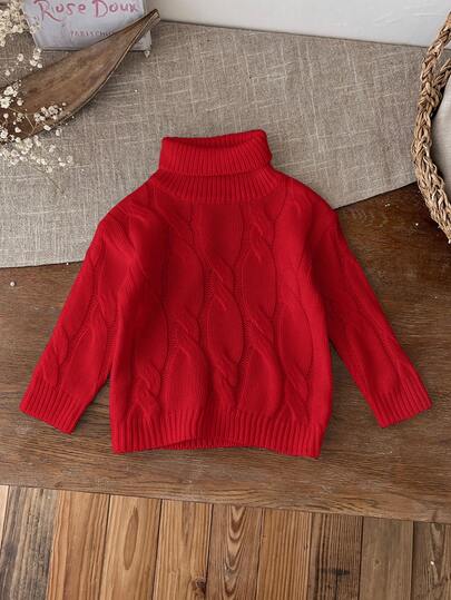 SHEIN LMoss Kids LMoss 可爱百搭奶白色简约高领长袖毛衣，适合女婴，秋冬