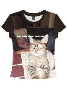 Y2Kool BiGraphic 多色猫咪图案背心“Life Vibe Y2K”休闲短款修身T恤，适合秋季、冬季、度假、外出、派对、日常穿着，街头风女装派对吊带背心可爱猫咪T恤可爱印花上衣辣妹黑色春季女装生日嘉年华 - 彩色 - 查看 2