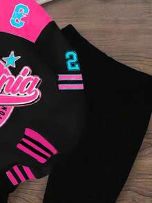 Bubblio 2 件女婴休闲复古字母和数字徽章图案连帽运动衫和宽松裤子套装，运动时尚 - 彩色 - 查看 5