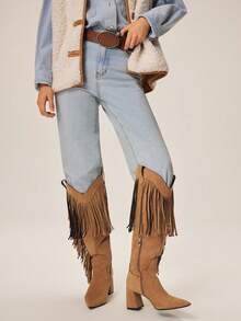 Styleloop Women's Fashionable Brown Pointed Toe Western Style Fringe Tall Boots - Brown - View 4