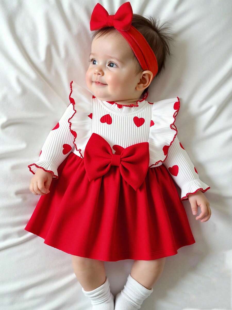 SHEIN Girls (Small) Knitted Ribbed White Ruffle Trim Patchwork Waist Corduroy Embroidered Floral Dress, Sweet & Cute Casual Spring Dress For Little Girls