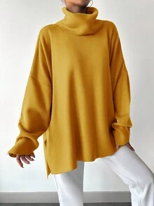 EURMUSE Women's Solid Color Turtleneck Batwing Sleeve Sweater With Side Slits - Mustard Yellow - View 4