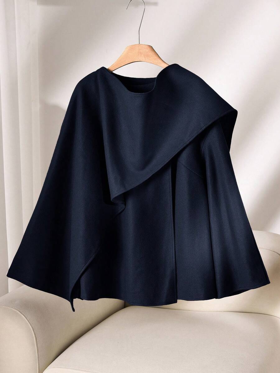 CosyJoli Plus Size Women Solid Color Scarf Collar Loose Casual Jacket, Autumn/Winter - Blue - View 1