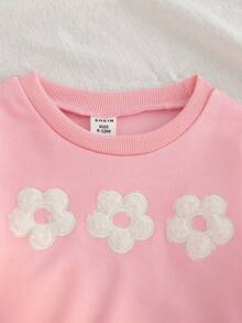 SHEIN Playful Pals 女婴秋冬新款荷叶边领长袖花卉贴花卫衣和罗纹花卉印花喇叭裤休闲运动套装 - 粉色 - 查看 6