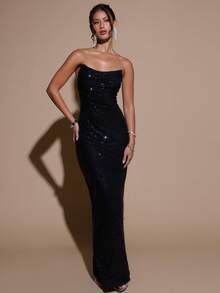 SHEIN BAE Elegant Sequin Embellished Dress For Women, Suitable For Formal Banquet, Cocktail Party, Nightclub, Birthday Party,Party Dress,Sequin Dress, Black Dress,Dresses For Women Elegant,Black Dress,Valentine's Day,Valentine Outfits For Women - Black - View 1