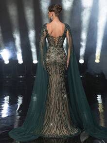 Glamrae Váy maxi đuôi cá đính ngọc trai và sequin thanh lịch, sang trọng, quyến rũ với tay áo bồng bềnh, phù hợp cho đám cưới, tiệc tùng, ngày lễ, dạ hội, sự kiện trang trọng (trang trí đậm) - Màu xanh lá cây đậm - Xem 4