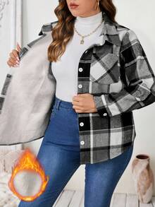 EMERY ROSE Chaqueta casual de manga larga con botones y bolsillo con estampado a cuadros para mujer de talla grande, camisa casual de uso diario para mujer - Negro - Ver 1