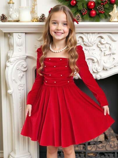 Vestito a-line da principessa per ragazze pre-adolescenti, con maniche lunghe a spalle scoperte e perline, adatto per primavera/autunno