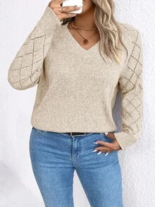 SHEIN LUNE V领休闲舒适花卉印花长袖毛衣，加大码 - 杏色 - 查看 6