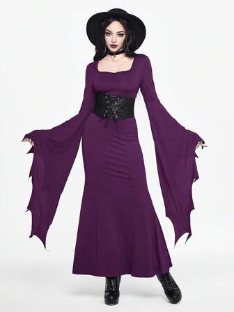 Goth Vestido negro de cuello cuadrado con cintura ceñida, mangas acampanadas asimétricas y estilo gótico oscuro para fiestas para mujeres