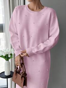 EURMUSE Women Solid Color Round Neck Pearl Detailed Long Sweater Dress - Baby Pink - View 2