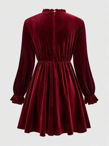 SHEIN Tween Girl Elegant Collared Colorblock Lace Ruffle Velvet Christmas Holiday Mid-Length Dress