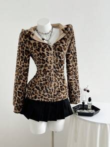 Elamini 1 件卡其色豹纹羊毛 V 领夏尔巴休闲可爱套头衫夹克，适合女士、冬季通勤和日常穿着 - 卡其色 - 查看 4