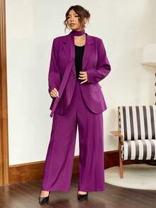 Vionelle Plus Size Women's New Suit Set, Elegant Commuter Suit 2 Pieces Set, Casual Business Outfit, Loose Lapel Long Sleeve Blazer And Straight Elastic Waist Pants 2 Pieces Suit Women Classy Women Suit Women Purple Suit Office Outfits For Women Set Pant Suit Set