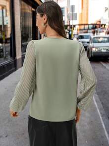 SHEIN Clasi Women Casual Contrast Trim Lantern Sleeve Notched Neck Blouse, Versatile For Work And Leisure, Autumn/Winter - Mint Green - View 2