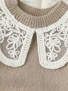 SHEIN 少女超甜美可爱娃娃细节刺绣领圆领灯笼袖厚针织毛衣，适合秋冬