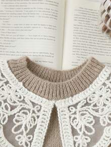 SHEIN 少女超甜美可爱娃娃细节刺绣领圆领灯笼袖厚针织毛衣，适合秋冬