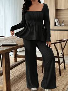 EMERY ROSE Women's Plus Size Plush Fabric Loose Collar Top, Warm Casual 2 Pieces Set, Autumn/Winter - Black - View 4