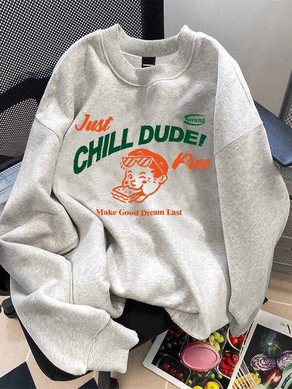 Claim Dot Chill Dude! Just Chill Free" Cartoon Boy Relaxed Graphic Crew Neck Sweatshirt, Casual Versatile Classic Grey Hoodie