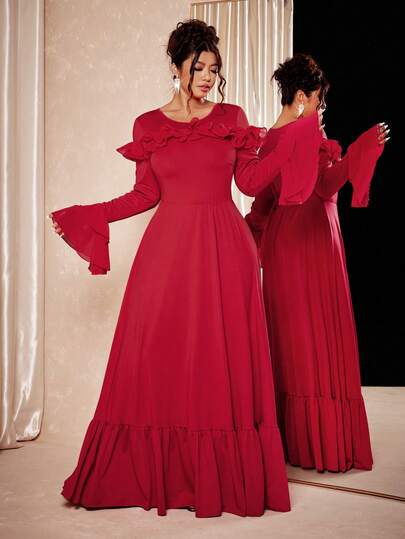 Cravure Plus Size Women Collar Decor Flare Sleeve Flowy Dress