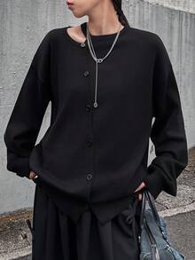 FRIFUL Suéter casual de mujer de ajuste suelto, de manga larga con hombros caídos, color negro sólido, adecuado para otoño/invierno - Negro - Ver 3