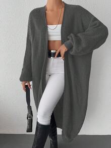 SHEIN Cottnline Women's Drop Shoulder Lantern Sleeve Cardigan With Open Front - Light Grey - View 5