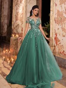 Glamrae 优雅奢华的翠绿色透明袖子精致的 3D 刺绣蕾丝贴花薄纱泡泡裙，适合婚礼、活动、单身派对、度假、庆典、正式场合（重刺绣） - 橄欖綠 - 查看 7