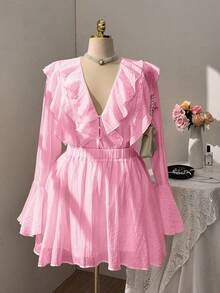 Sweetra 大码荷叶边喇叭袖优雅别致两件套 - 粉色 - 查看 3