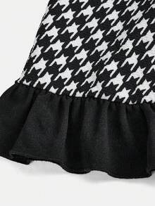 SHEIN 青少年女孩优雅简约方领羊腿袖千鸟格图案连衣裙 - 黑色 - 查看 4
