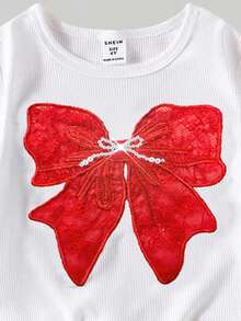 SHEIN ChillGRL 2 件套青少年女孩休闲 T 恤和工装裤套装，蝴蝶刺绣图案圆领短袖 T 恤和裤子，春夏季时尚服装 - 紅色 - 查看 7