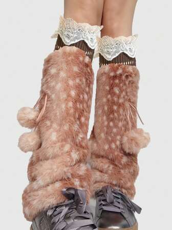 Fairycore 1 pieza de calentadores de piernas de bola de piel artificial marrón estilo Y2K, lindas cubiertas de botas de peluche para mujeres, calentadores de piernas de patrón de venado de imitación cálidos para el invierno