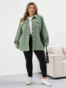 SHEIN CURVE+ 大码女式休闲纽扣长袖纯色夹克大码灯芯绒衬衫 8xl 女装大码大码衬衫曲线衬衫 6xl 加大女装，秋季女装冬季秋装/秋冬 - 綠色 - 查看 9