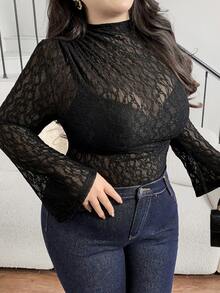 Modelyn Camiseta de moda sexy con mangas acampanadas y volantes, ajustada y transparente, talla grande para mujer - Azul - Ver 6