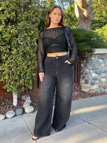 Nezia Cruz 高腰洗水牛仔裤，适合街头潮流、休闲风、酷女孩、Y2K 和 2000 年代风格 - 黑色 - 查看 1