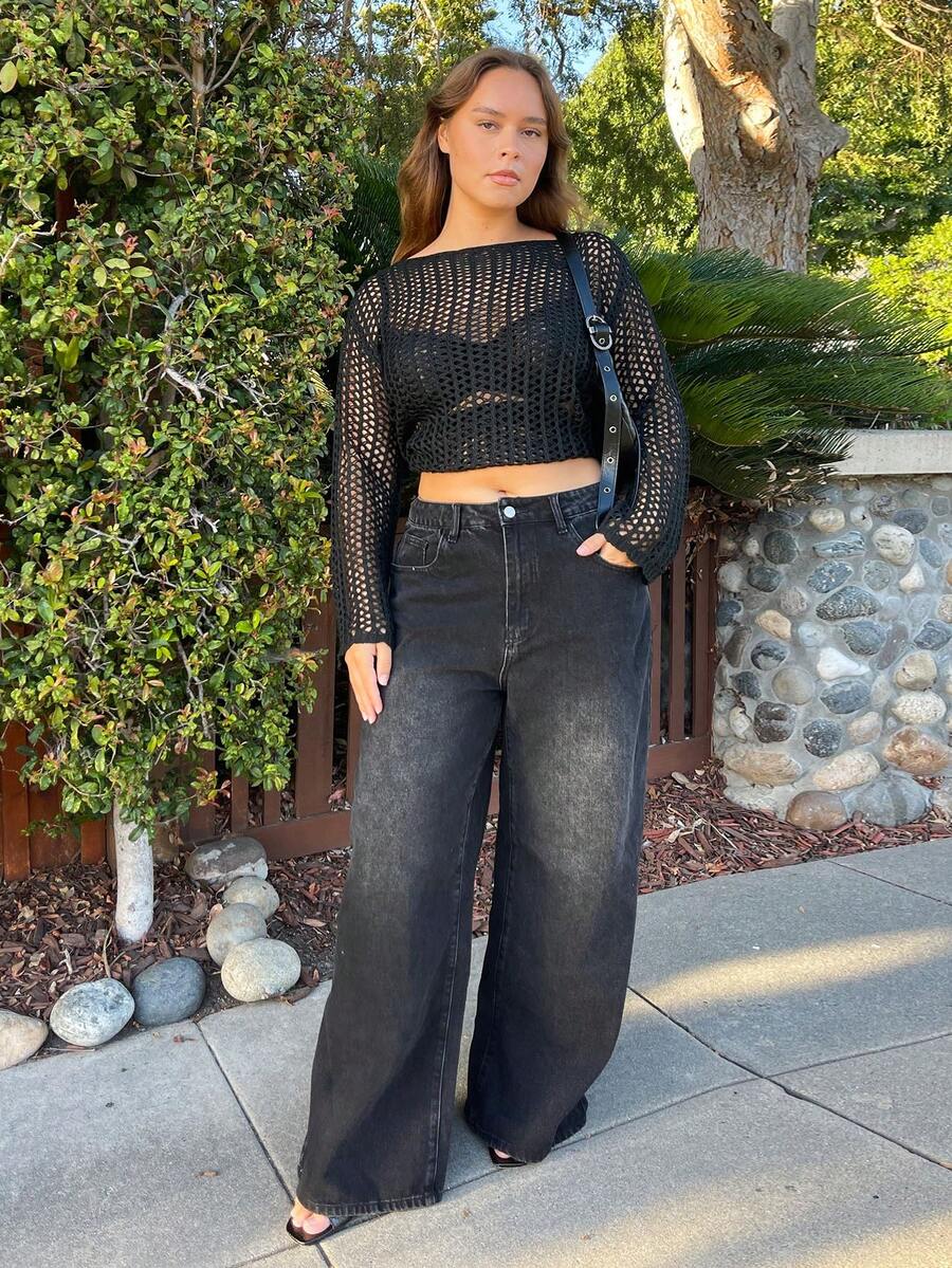 Nezia Cruz 高腰洗水牛仔裤，适合街头潮流、休闲风、酷女孩、Y2K 和 2000 年代风格 - 黑色 - 查看 1