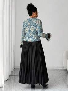 SHEIN Elenzya Plus Size Women Elegant Black Floral Oil Painting Jacquard Jacket And Pleated Skirt 2 Pieces Set,Autumn Formal Evening Office Wear Mesh Ruffle Sleeve - Blue - View 2