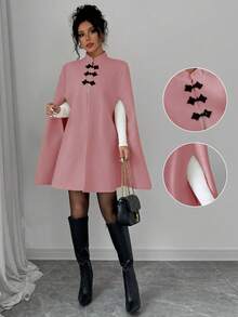 Selianne 优雅立领撞色中式纽扣斗篷斗篷女款，厚羊毛面料，秋冬 - 藕粉色 - 查看 1