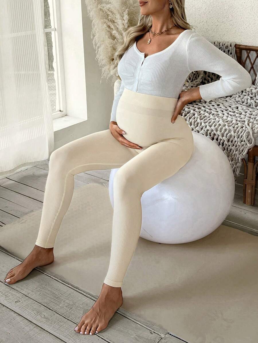 SHEIN Leggings skinny taille haute de couleur unie pour la maternité, le casual et les déplacements quotidiens - Beige - Voir 1