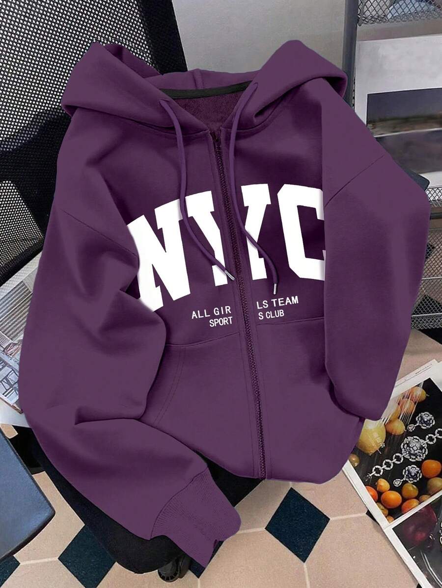 SHEIN 女士连帽拉链卫衣，字母图案，休闲外套，适合教师、返校、毕业、日常穿着、冬季外套，时尚百搭，女士连帽长袖卫衣 - 紫色 - 查看 1