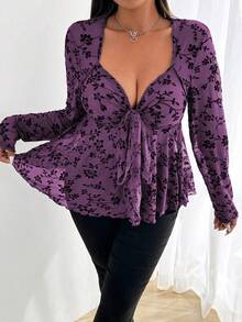 Vibekara Plus Size Women Bowknot Strap Ruched Mesh Flocked A-Line Party Occasion Top - Purple - View 6