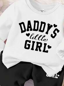 柔雾白黑配色，可爱“爸爸的小公主”字母印花，女宝宝休闲加厚柔软长袖圆领卫衣长裤套装，适合秋冬季节，秋季穿搭，舒适透气，适合女宝宝秋季叠穿，时尚女宝宝，休闲装，女宝宝图案运动套装，秋季服装 - 黑與白 - 查看 6