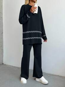 RueChic Drop Shoulder Sweater & Knit Pants - Black - View 4