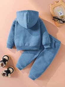 SHEIN 男童可爱企鹅刺绣卫衣和裤子套装 - 藍色 - 查看 3